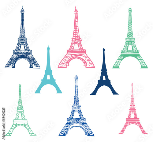 Vector set of different Eiffel Tower landmarks icons of Paris, France with Silhouettes. Landmark and structure infographic elemements.