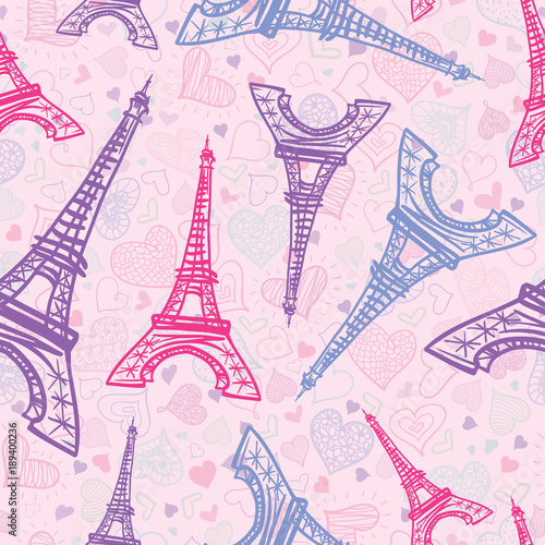 Vector Pink Blue Eifel Tower Paris Seamless Repeat Pattern Surrounded By St Valentines Day Hearts Of Love. Perfect for travel themed postcards  greeting cards  wedding invitations.