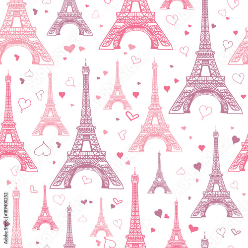 Tapety Wektor romantyczna różowa wieża Eifel Paryż bezproblemowa powtórka wzór otoczony sercem miłości Walentynki. Idealny na pocztówki tematyczne, kartki okolicznościowe, zaproszenia ślubne.