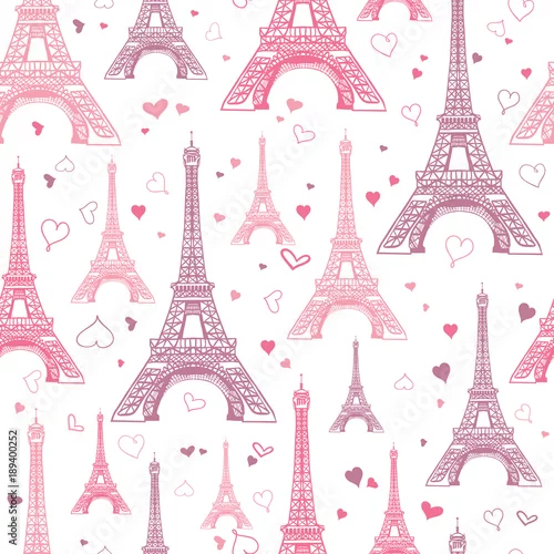 Tapety Wektor romantyczna różowa wieża Eifel Paryż bezproblemowa powtórka wzór otoczony sercem miłości Walentynki. Idealny na pocztówki tematyczne, kartki okolicznościowe, zaproszenia ślubne.