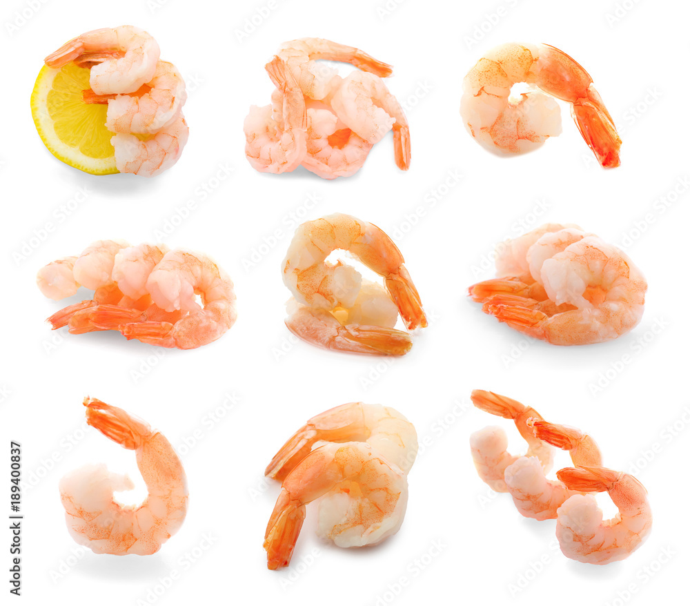 Set of boiled shrimps on white background Set of boiled shrimps on white background