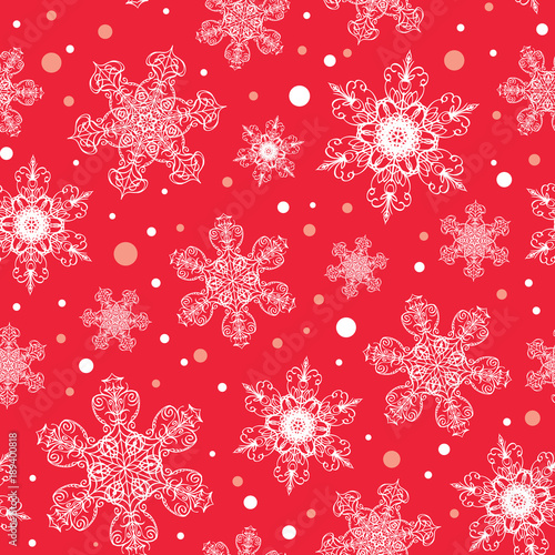Vector holiday white red hand drawn christmass snowflakes repeat seamless pattern background. Can be used for fabric, wallpaper, stationery, packaging.