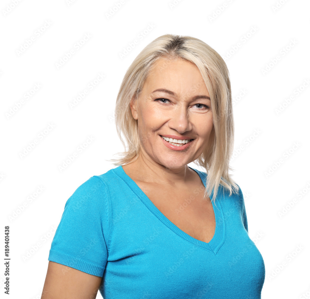 Portrait of smiling mature woman on white background Portrait of smiling mature woman on white background