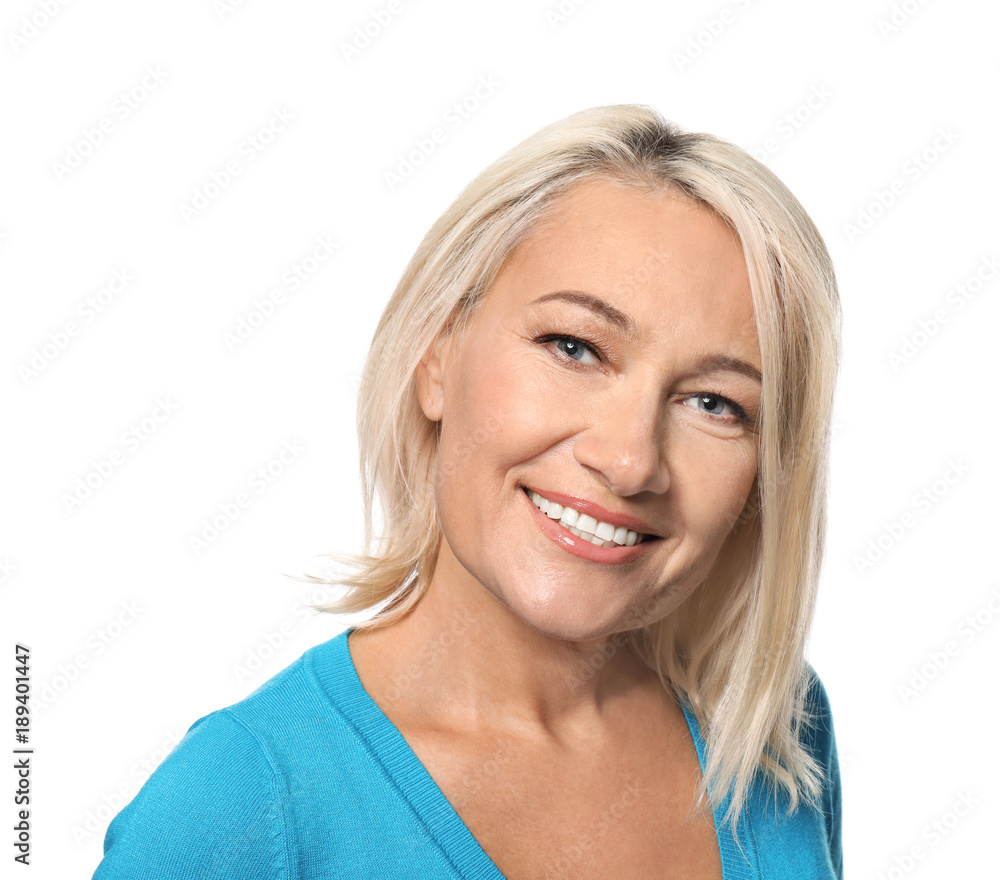 Portrait of smiling mature woman on white background Portrait of smiling mature woman on white background