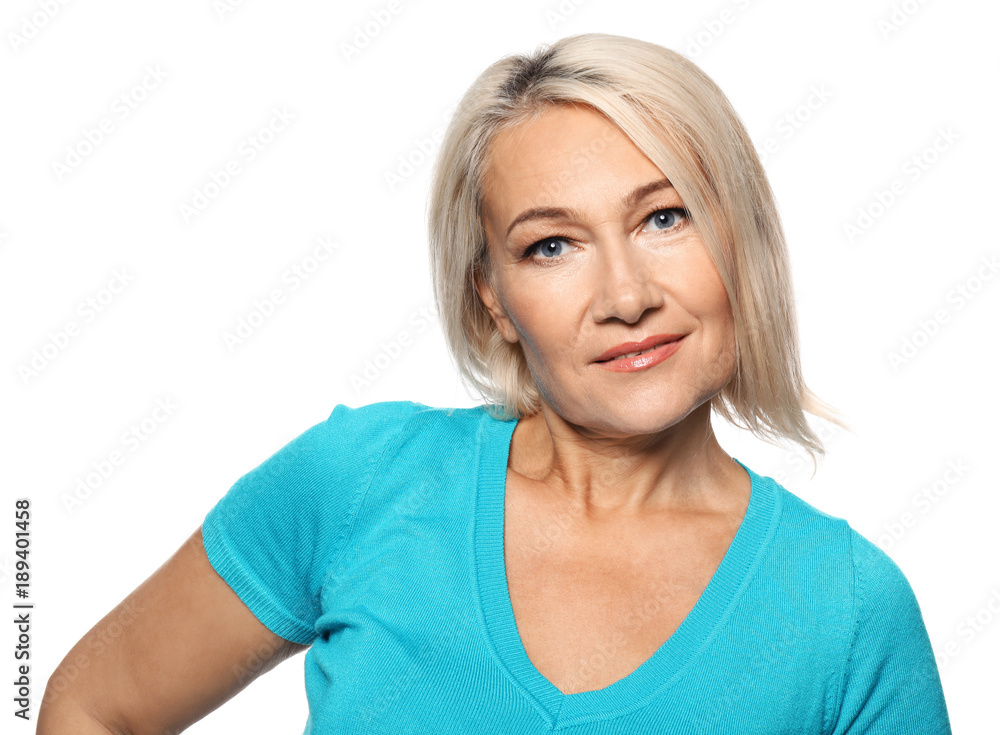 Portrait of beautiful mature woman on white background Portrait of beautiful mature woman on white background