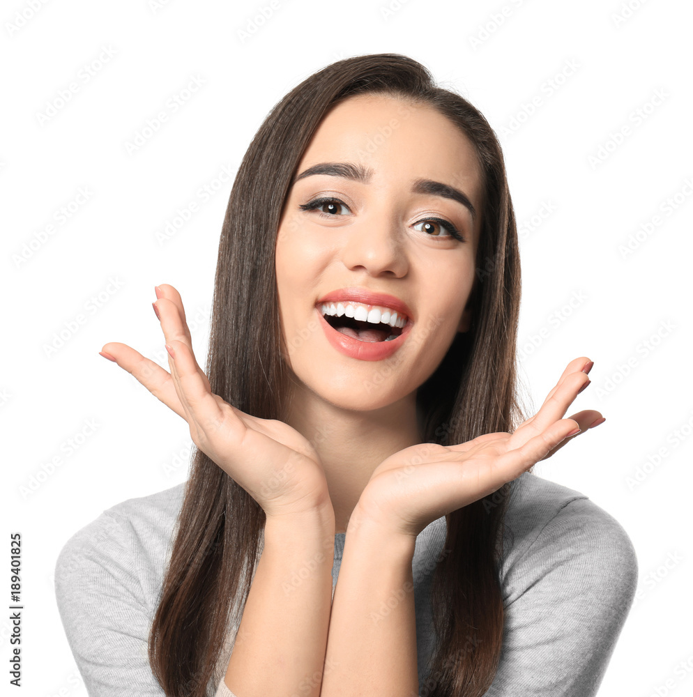 Portrait of beautiful smiling woman on white background Portrait of beautiful smiling woman on white background