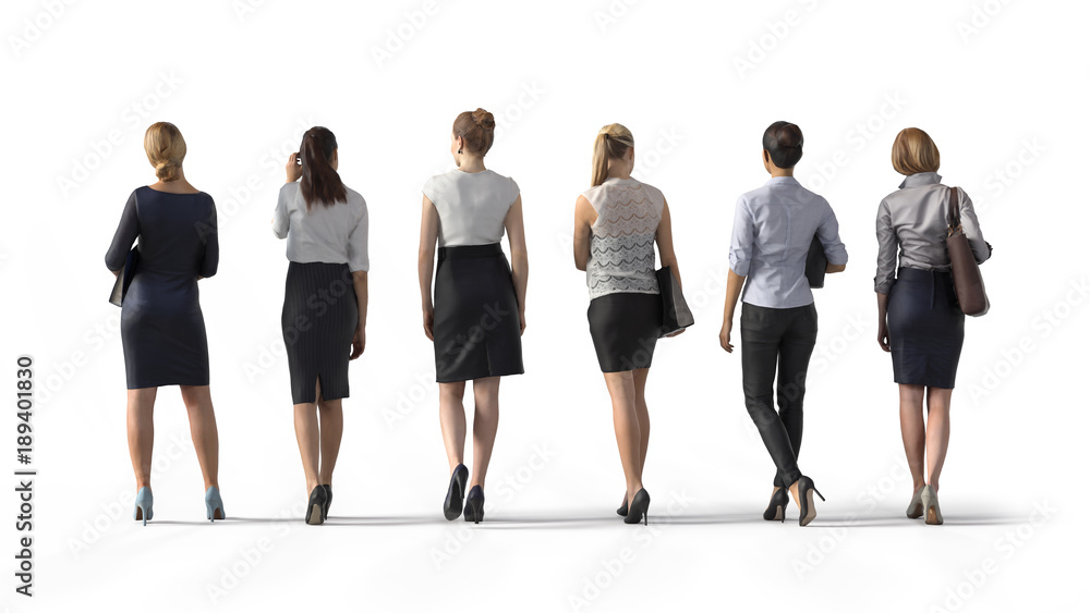 Back view of standing business woman. Illustration on white background, 3d rendering isolated. - obrazy, fototapety, plakaty 