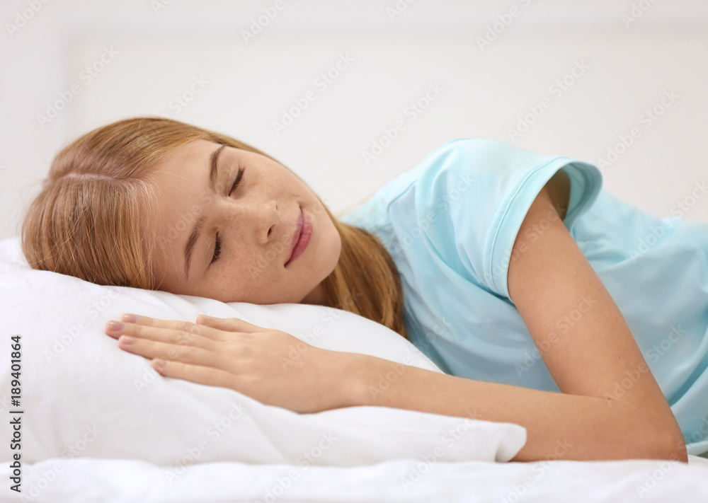 Cute girl sleeping on white pillow at home Cute girl sleeping on white pillow at home