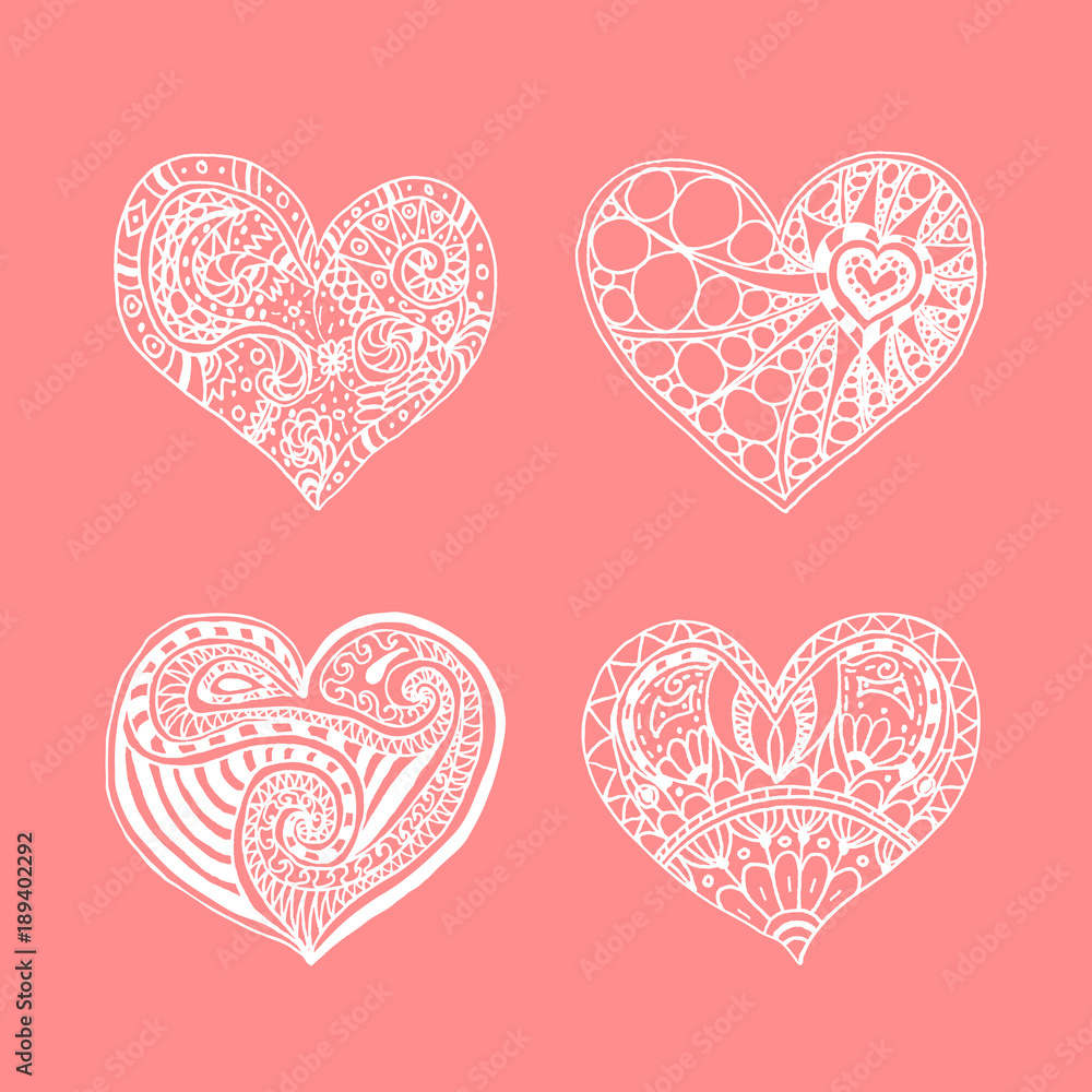 Vector set of four doodle hand drawn white hearts on pink background. Card for Saint Valentines Day. Symbol of love. heart in zentangle style.