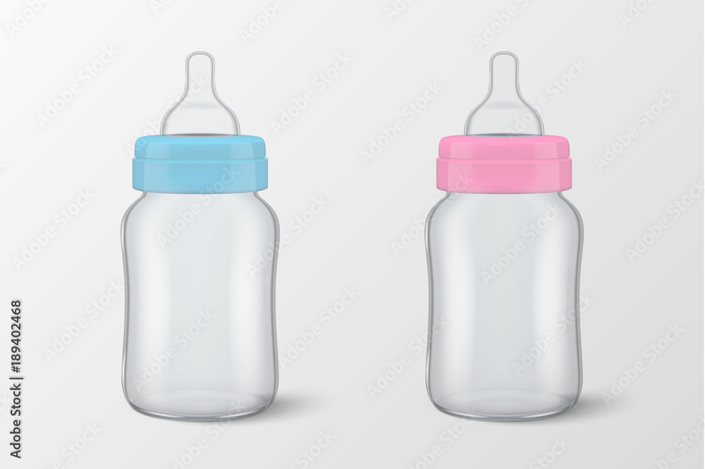 Two vector realistic blank baby bottle for boy - blue - and girl - pink ...