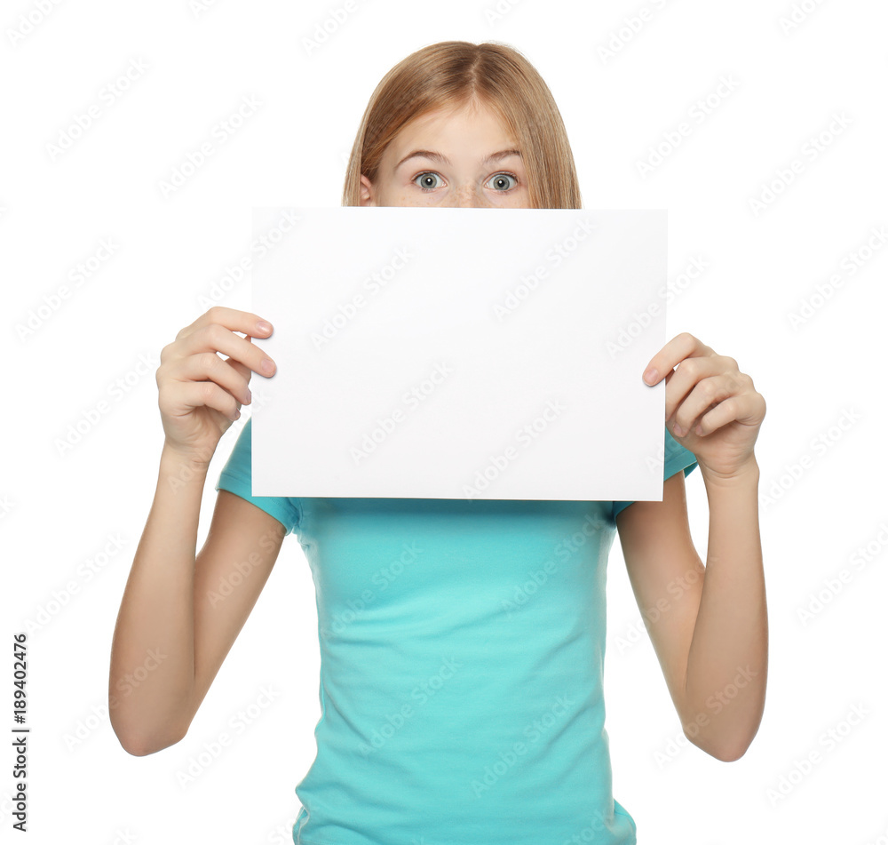 Cute girl with blank sheet of paper for advertising on white background Cute girl with blank sheet of paper for advertising on white background
