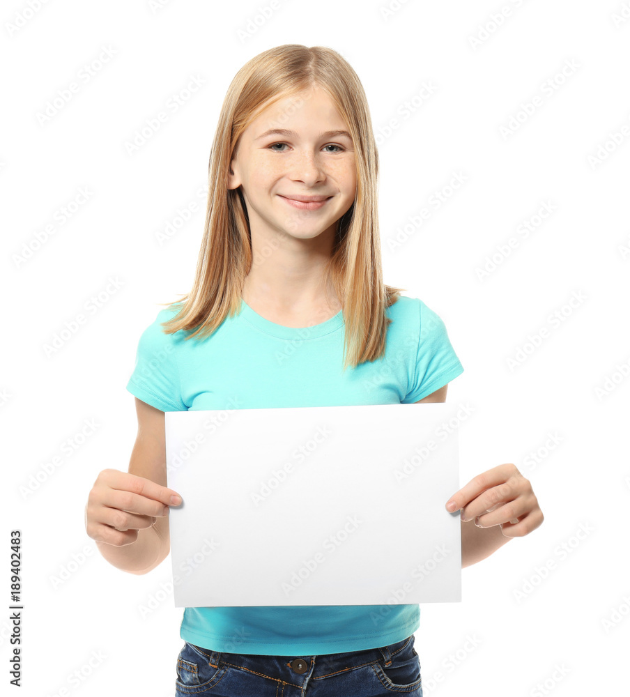 Cute girl with blank sheet of paper for advertising on white background Cute girl with blank sheet of paper for advertising on white background