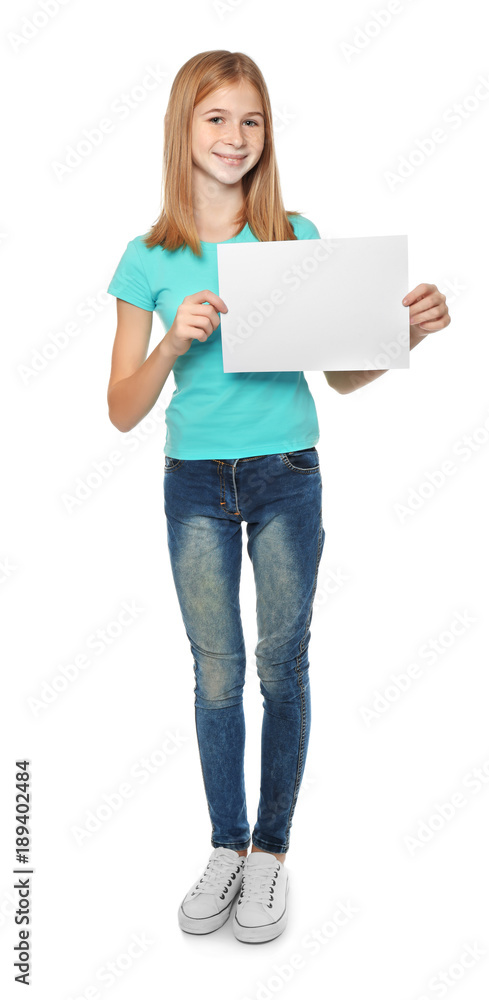 Cute girl with blank sheet of paper for advertising on white background Cute girl with blank sheet of paper for advertising on white background