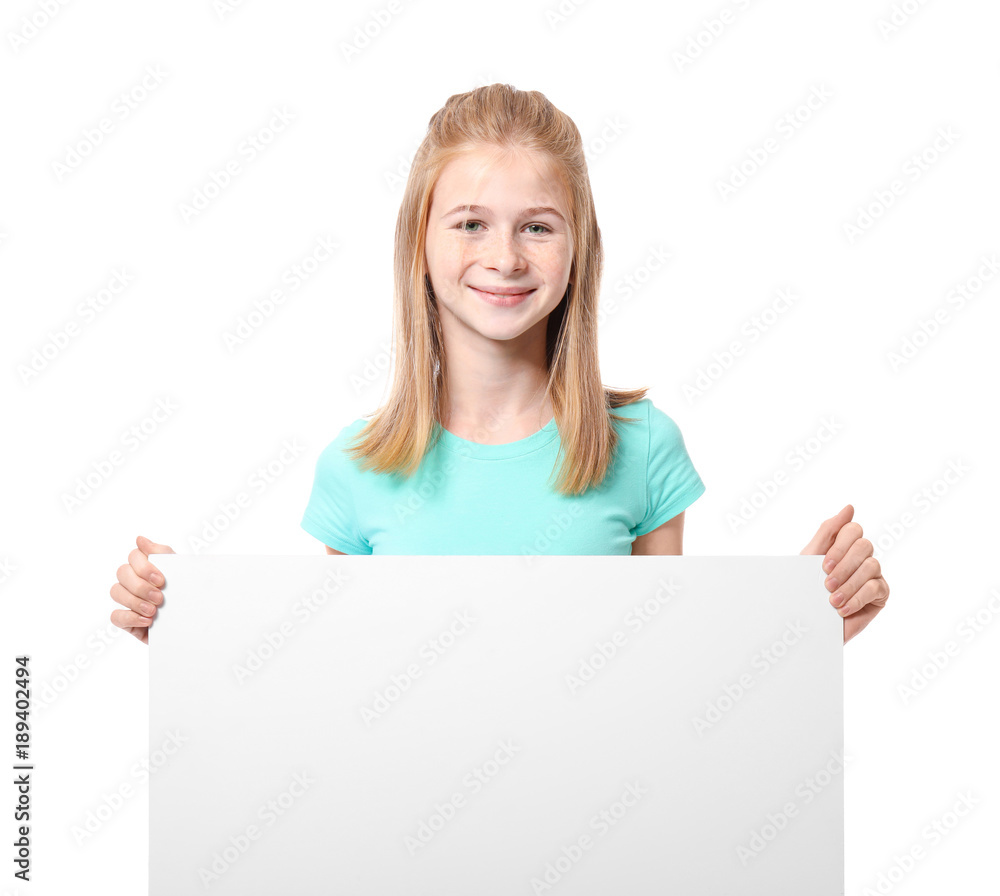 Cute girl with blank advertising board on white background Cute girl with blank advertising board on white background