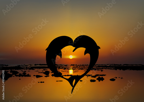Vector illustration of two lovers dolphins in heart shape at sunset or sunrise over sea