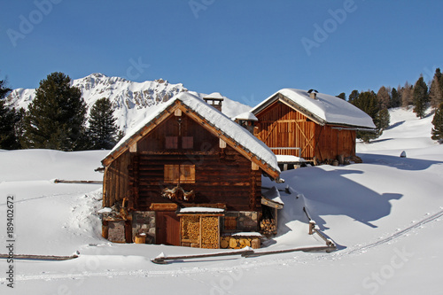 baite nella neve  sullo sfondo la Viezzena. Val di Fiemme, Trentino © gabriffaldi