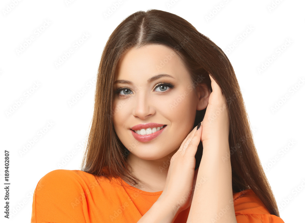 Portrait of beautiful smiling woman on white background Portrait of beautiful smiling woman on white background