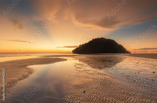 Great Ray of light with reflection. sunset seascape at Kudat, Sabah Malaysia.