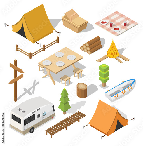 Isometric camping and hiking illustration picnic vector 