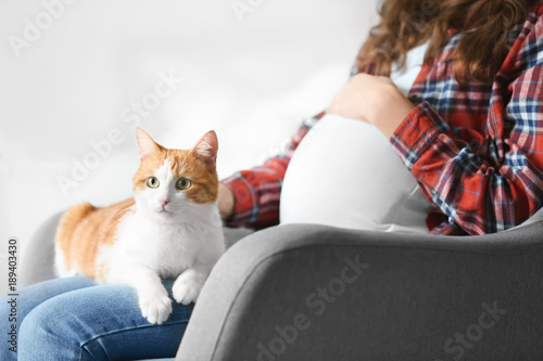 Fototapeta Naklejka Na Ścianę i Meble -  Young pregnant woman with cute cat at home