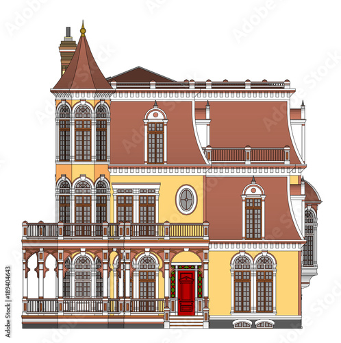 Old house in Victorian style. Illustration on white background. Species from different sides.