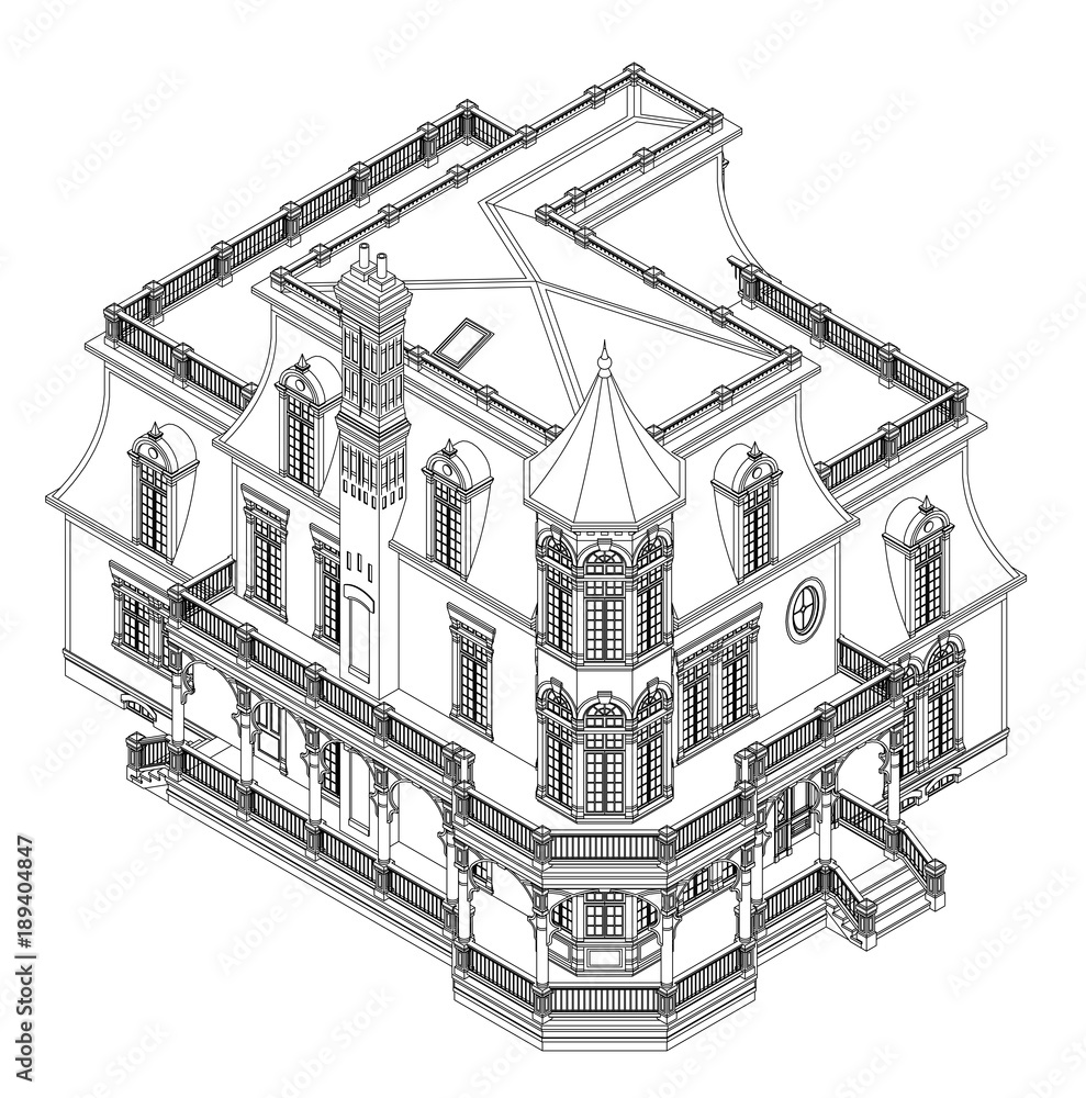 Old house in Victorian style. Illustration on white background. Black ...