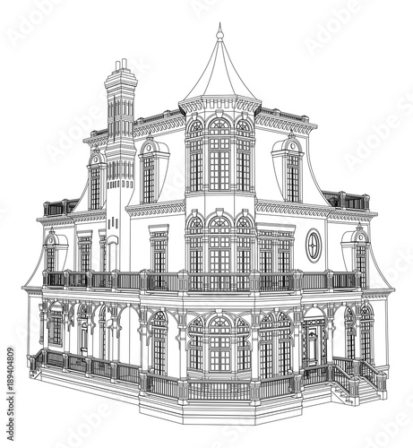 Old house in Victorian style. Illustration on white background. Black and white illustration in contour lines. Species from different sides.