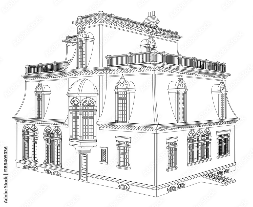 Old house in Victorian style. Illustration on white background. Black ...