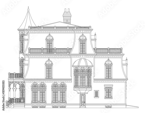 Old house in Victorian style. Illustration on white background. Black and white illustration in contour lines. Species from different sides.