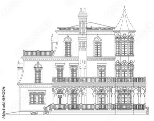 Old house in Victorian style. Illustration on white background. Black and white illustration in contour lines. Species from different sides.