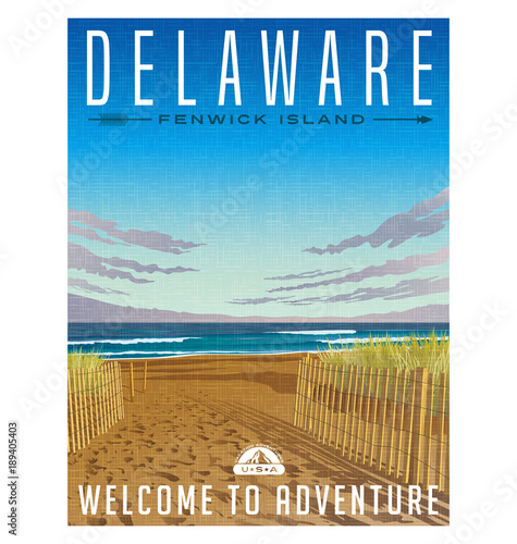 Delaware travel poster or sticker. Retro style vector illustration of serene beach and Atlantic ocean.