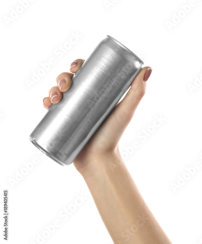 Woman holding tin can on white background