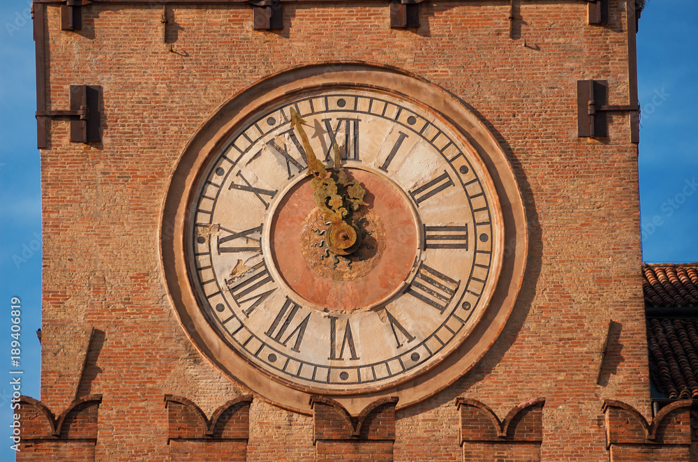 Detail of Bologna Old Town Hall Clock Tower in Piazza Maggiore (Major Square), built in the 15th century