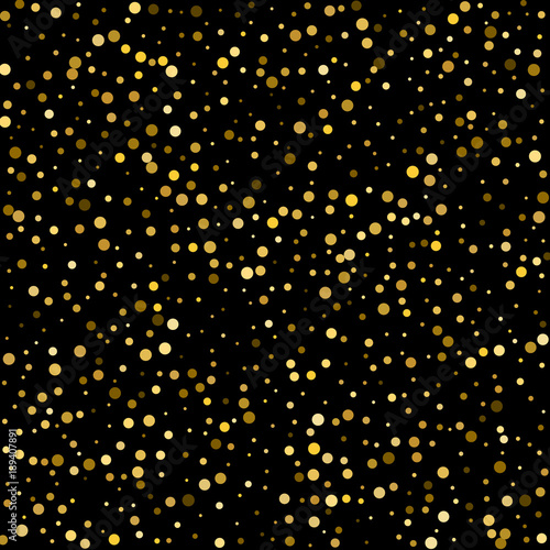 Golden confetti on a black background. Luxury festive background. Golden abstract dot on a black background. Depth effect. Element of design. Vector