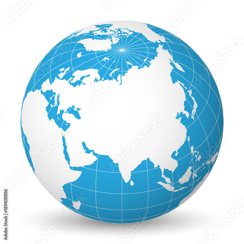 Earth globe with green world map and blue seas and oceans focused on Asia. With thin white meridians and parallels. 3D vector illustration.