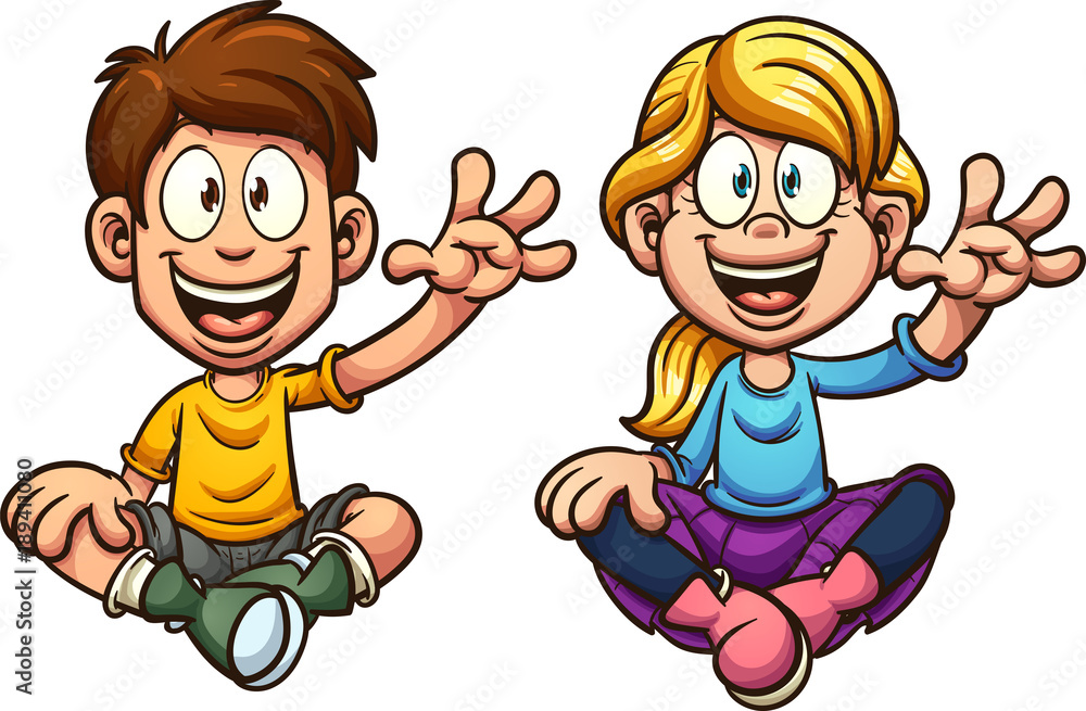 Cartoon boy and girl sitting and waving, looking front. Vector clip art  illustration with simple gradients. Each on a separate layer. Stock Vector  | Adobe Stock