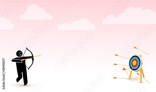 Failing to hit the target. Vector illustration depicts failure, inaccurate, missing. Man trying to shoot arrows with bow to hit the bullseye but failed miserably. Isolated on a light pink background