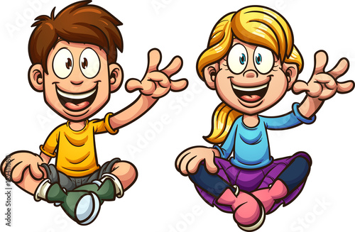 Cartoon boy and girl sitting and waving, looking front. Vector clip art illustration with simple gradients. Each on a separate layer. 