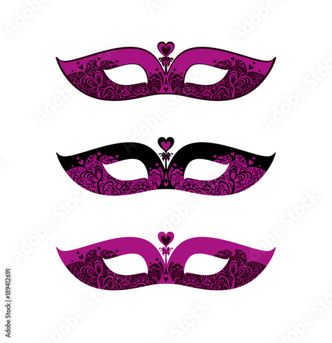 Black and Fuchsia set of three variants of similar masks. Beautiful patterned masquerade Masks. 