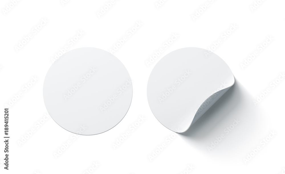 Blank white round adhesive stickers mock up with curved corner, 3d rendering. Empty circle sticky label mockup with curl. Clear adherent tag template for glass door or wall. - obrazy, fototapety, plakaty 