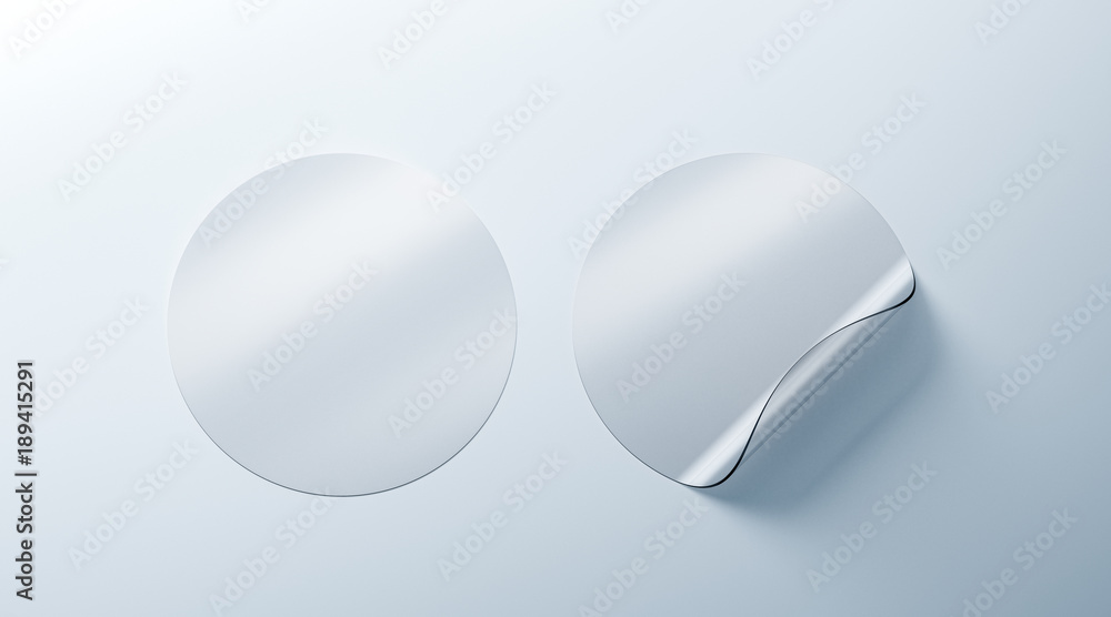 Blank white transparent round adhesive stickers mockup with curved corner, 3d rendering. Empty translucent circle sticky label mock up with curl. Clear adherent tag template for glass. - obrazy, fototapety, plakaty 
