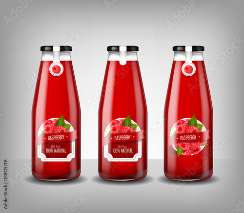 Realistic glass bottle of raspberry juice, drink isolated.