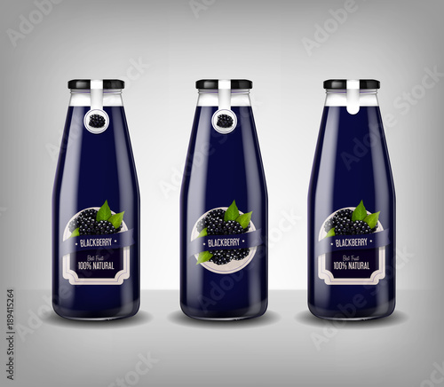 Realistic glass bottle of blueberry juice, drink isolated.