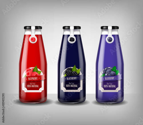 Realistic glass bottle set of blueberry, raspberry and blueberry juice, drink mock-up isolated.