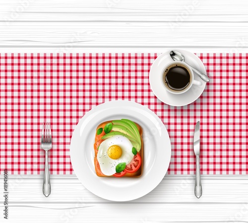 Breakfast menu with fried egg, toast and cup of black coffee on wooden table
