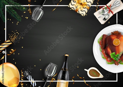 Festive Dinner with roast turkey on chalkboard background