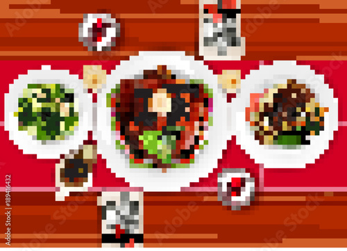 Cooked meat steak with roasted turkey and salad on wooden table