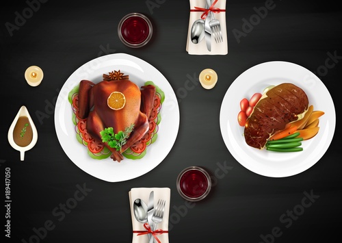 Realistic top turkey composition with treats and grilled meat on table