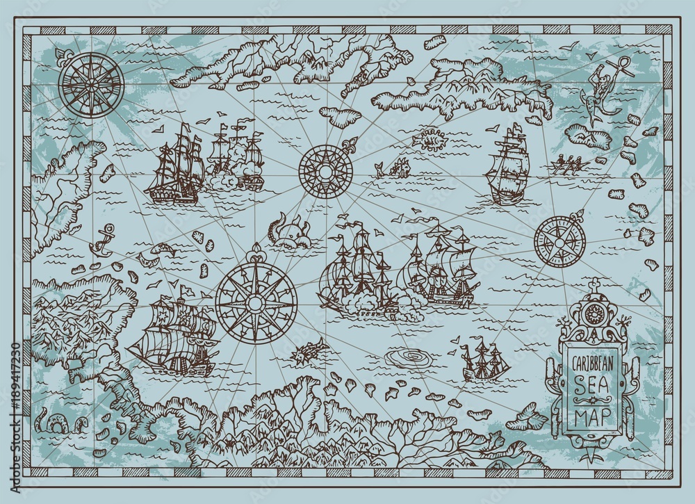 Old map of the Caribbean Sea with pirate ships, treasure islands, fantasy creatures. Pirate adventures, treasure hunt and old transportation concept. Hand drawn vector illustration, vintage background