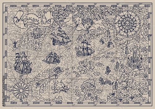 Pirate map with mythological creatures, old vessels, compass and treasure islands. Pirate adventures, treasure hunt and old transportation concept. Hand drawn vector illustration, vintage background